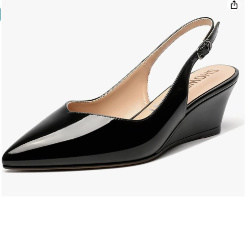 Black Patent Slingback Wedge Pumps